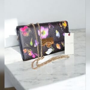 Ted Baker Black Floral Crossbody Or Clutch with Gold Chain, NWT